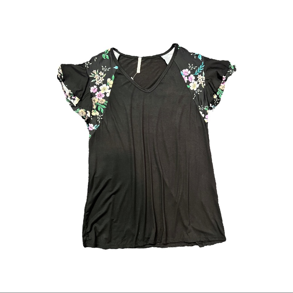 V Neck With Floral Sleeves - Black